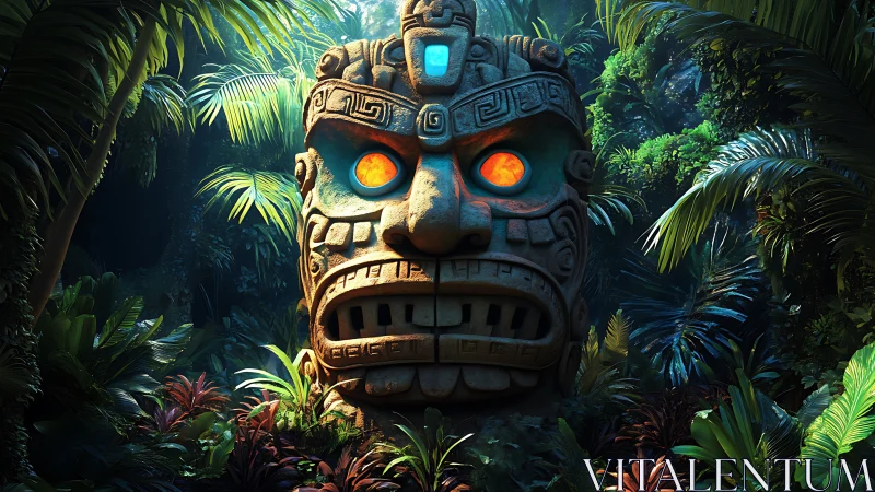 Stone jungle idol with glowing eyes in dense foliage.