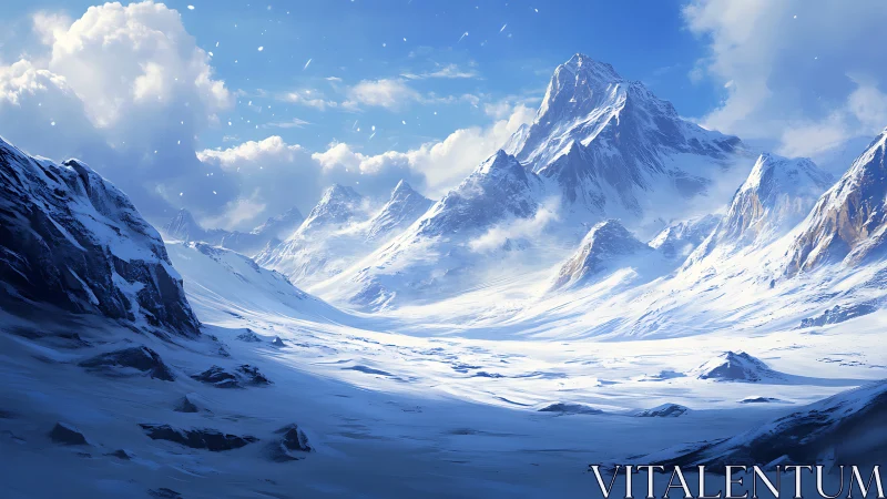 Sunlit alpine peaks rise above sweeping frozen valley