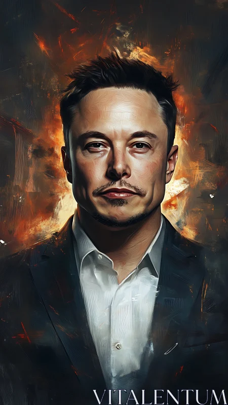 Digital oil portrait of suited man with fiery backlighting