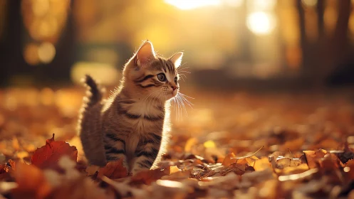 Tabby kitten in autumn leaves with warm golden light.