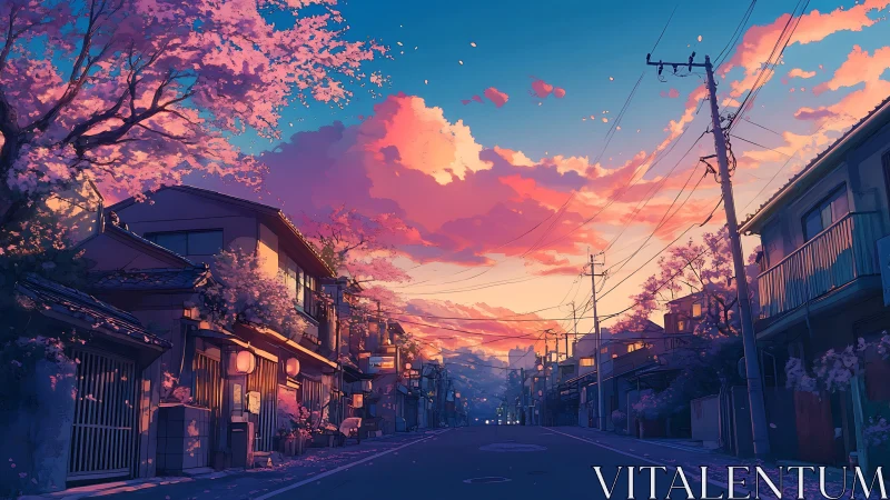 Twilight street scene with cherry blossoms and warm rim lighting
