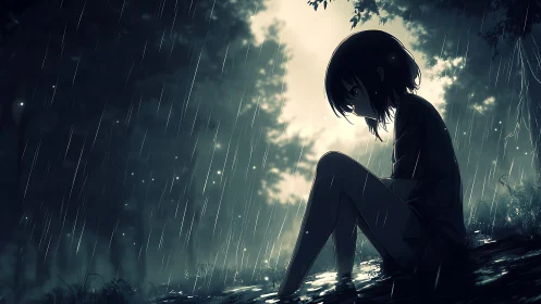 Silhouetted girl seated by water under heavy rainfall.