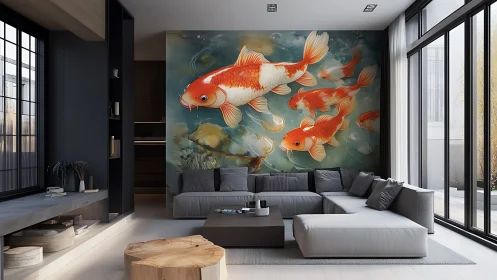 Contemporary living room with oversized koi fish feature mural wall