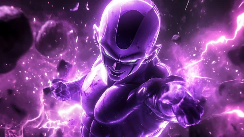 Purple energy warrior unleashes power blast in space storm