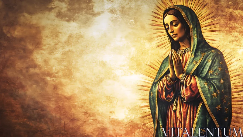 Digital painting of Marian icon with radiant gold background.