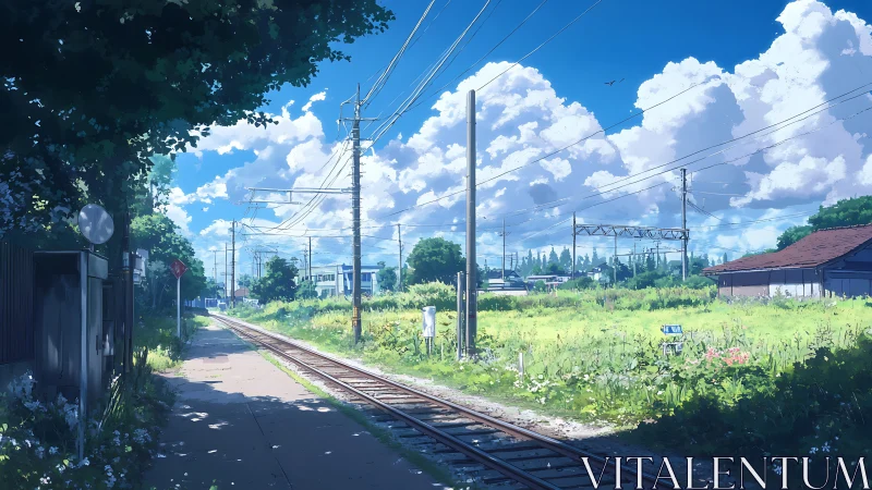Sunlit rural railway path under towering summer cumulus clouds.