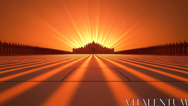 Majestic palace silhouette at sunrise with dramatic light rays.