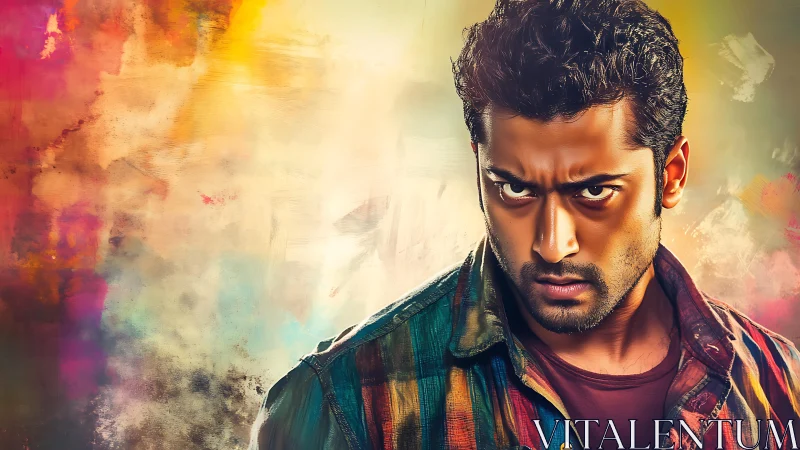 Intense male portrait merges realism with vibrant painterly bokeh