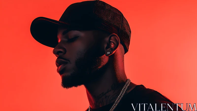 Side-lit male portrait in red monochrome with cap and jewelry