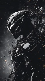 Liquid obsidian cybernetic warrior in cosmic dissolution.