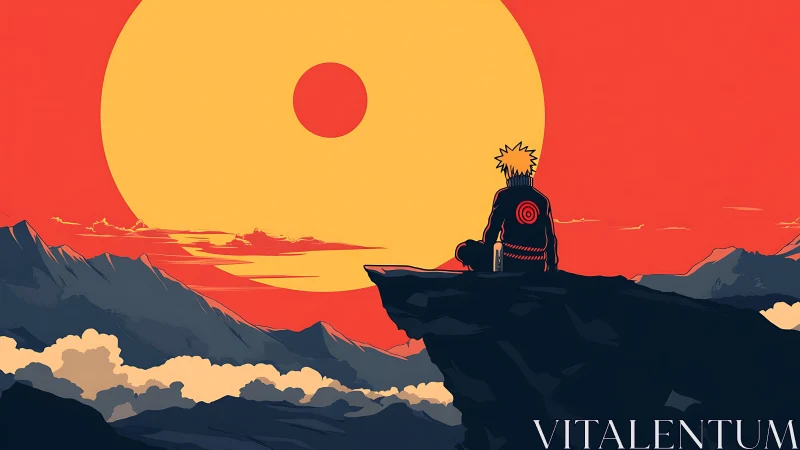 Sunset reflection with a lone ninja over quiet mountains.