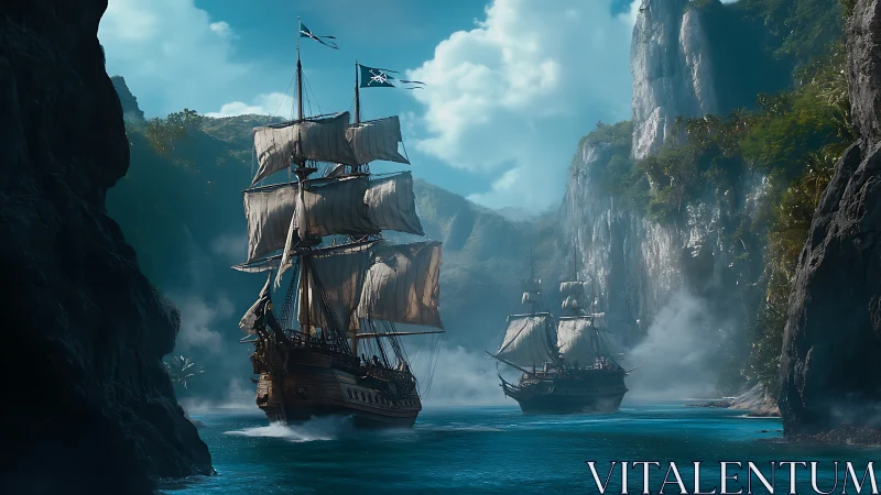 Sailing ships move through narrow coastal strait between cliffs