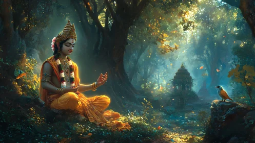 Forest meditation with luminous deity and listening bird.
