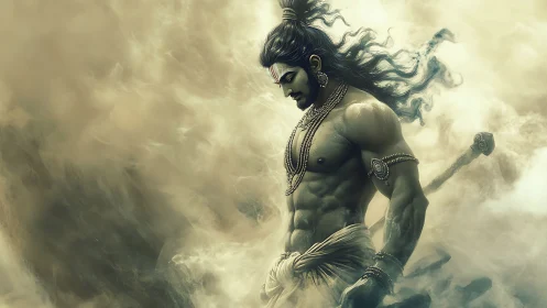 Mythic warrior stands in swirling mist with dynamic energy.