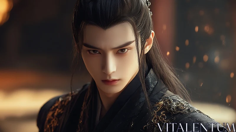 Smoldering gaze of a dark-robed fantasy warrior prince.