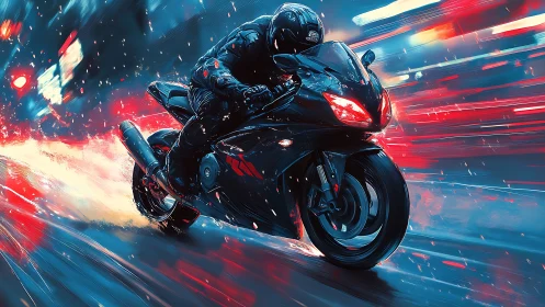 Neon-lit sportbike rider carving wet cyberpunk city street