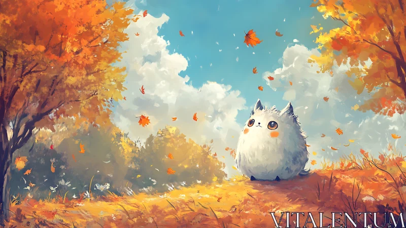 Fluffy forest friend daydreaming beneath swirling autumn leaves.