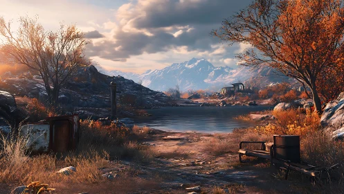 Autumn lakeside ruins rendered in cinematic digital painting