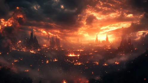 Apocalyptic Urban Inferno: Towering Metropolis Consumed by Parametric Fire.