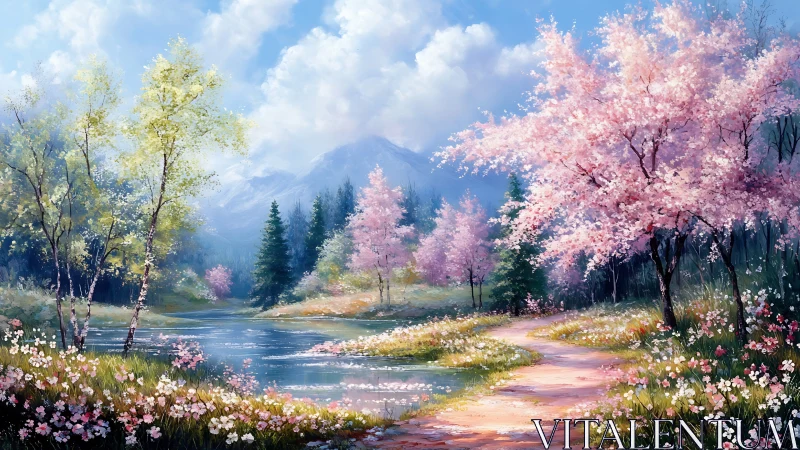 Spring blossom path curves beside tranquil mountain lake.
