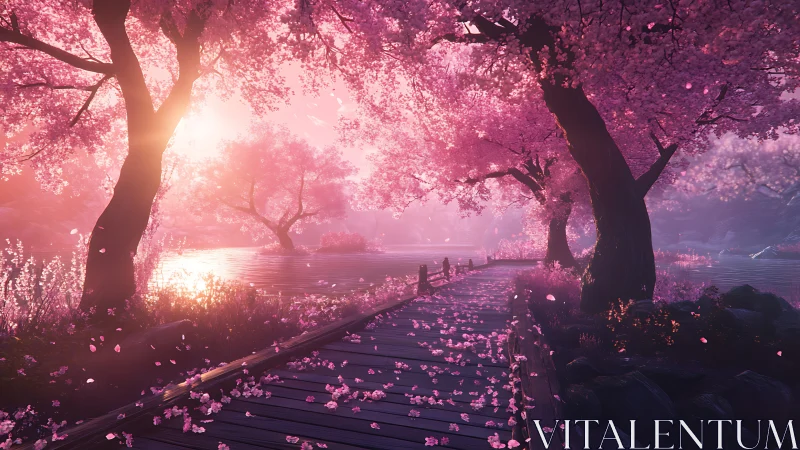 Sunlit cherry blossom path curves beside reflective lake