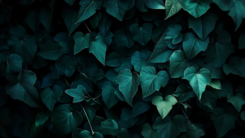 Dense overlapping ivy leaves in low ambient light conditions.