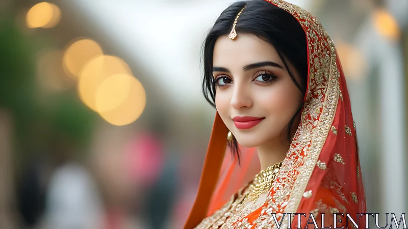 Radiant bride in red sari sharing a soft, welcoming smile.