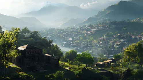 Mountain valley settlement at dawn with terraced hillside village