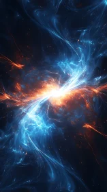 Stellar energy collision between blue and orange nebulae.