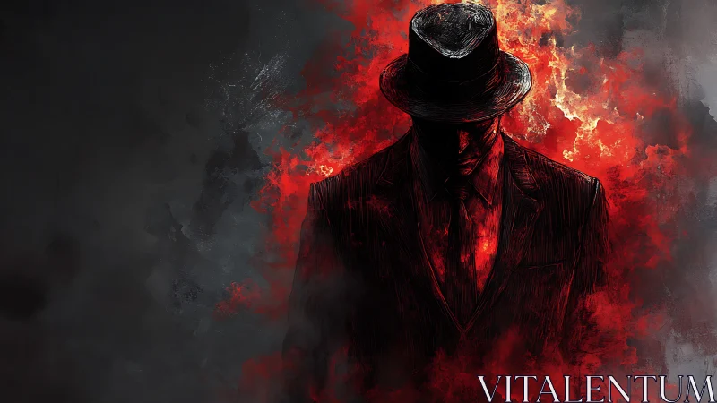 Shadowed man in fedora emerges from burning red smoke