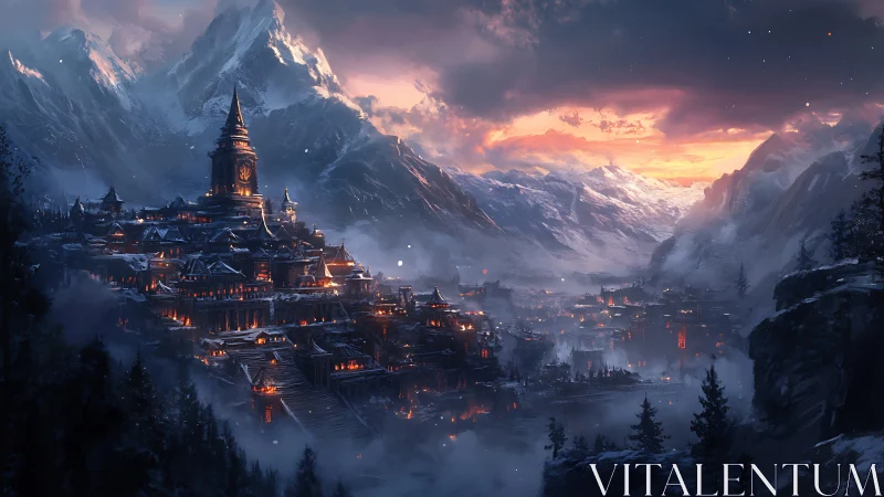 Mountain citadel glows over misty valley at fiery sunset