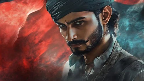 Intense warrior portrait with red and blue smoke background.