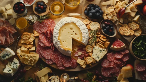 Cheese and charcuterie board with assorted crackers and fruit.