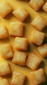 Golden potato bites scattered on a sunny yellow backdrop.