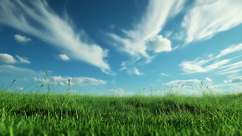 Low-angle grassy meadow under cirrus cloud streaked blue sky