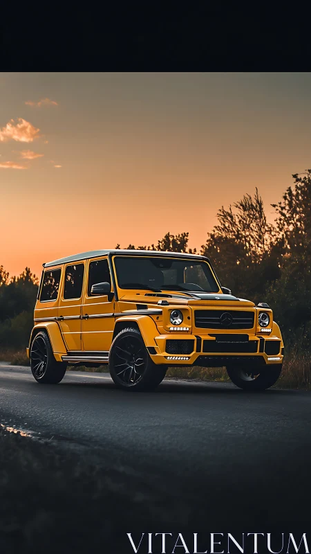Sunset-lit yellow offroad SUV with aggressive aero kit.