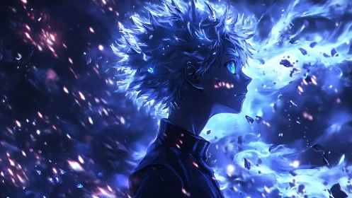 Side-lit anime profile with blue energy vortex and debris field