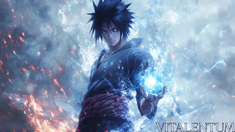 Blue energy anime warrior in swirling elemental storm