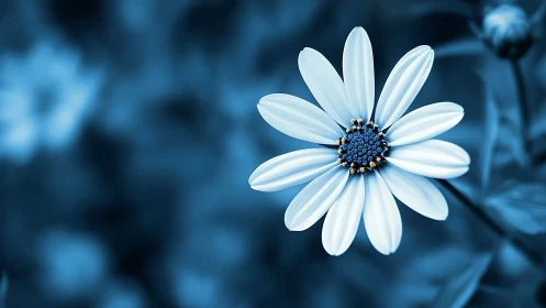 White daisy flower with blue center against blue-toned blurred background.
