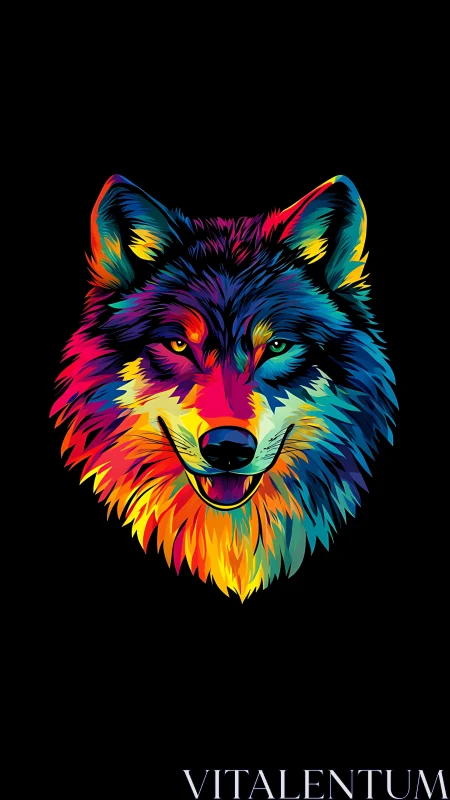 Neon chromatic wolf portrait on deep black void background.