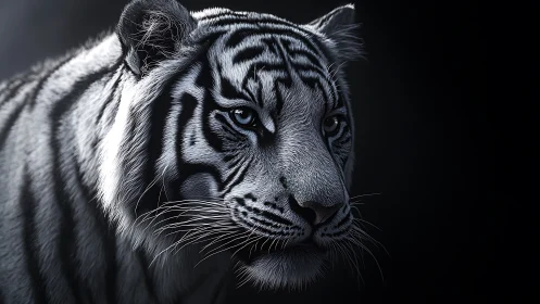 White tiger portrait in side profile on dark background.