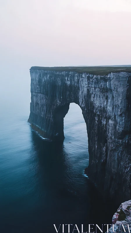 Sea cliff arch over calm blue water in soft evening light.
