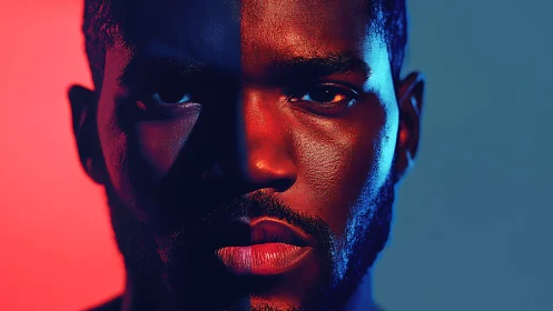 Bicolor chromatic portrait under high contrast split lighting.