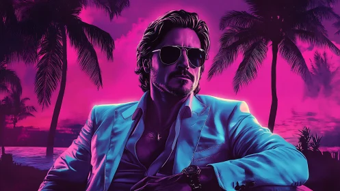 Neon-tide playboy under ultraviolet palm-slick skies.