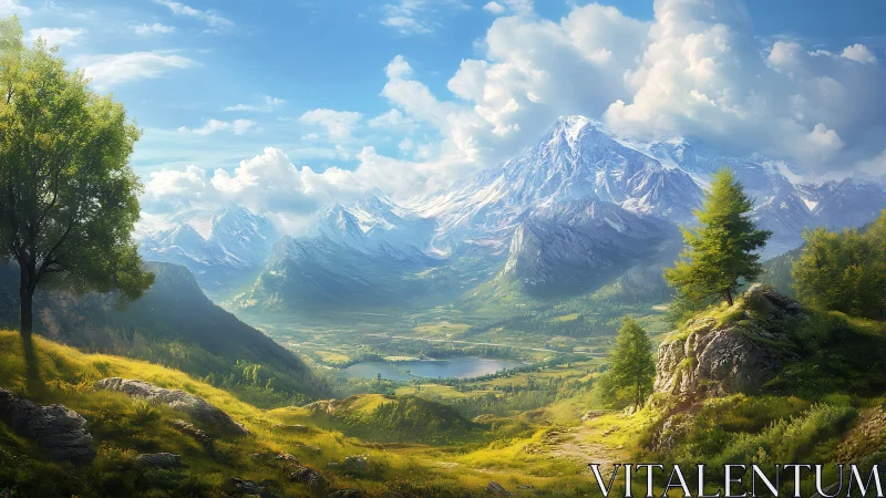 Sunlit valley cradled by sapphire mountains and bright clouds.