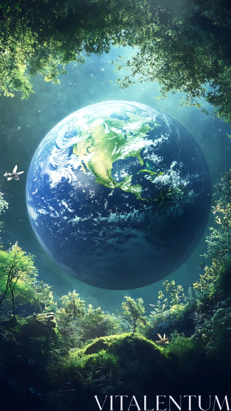 Suspended Earth above luminous forest canopy in light.