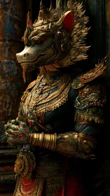 Ornate zoomorphic warrior statue in gilded ceremonial armor