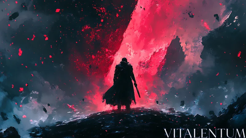 Lone cloaked warrior before erupting red void portal.