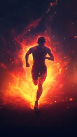 Silhouetted runner in fiery abstract motion field.