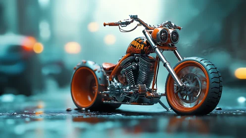 Custom orange chopper motorcycle stands on wet city street